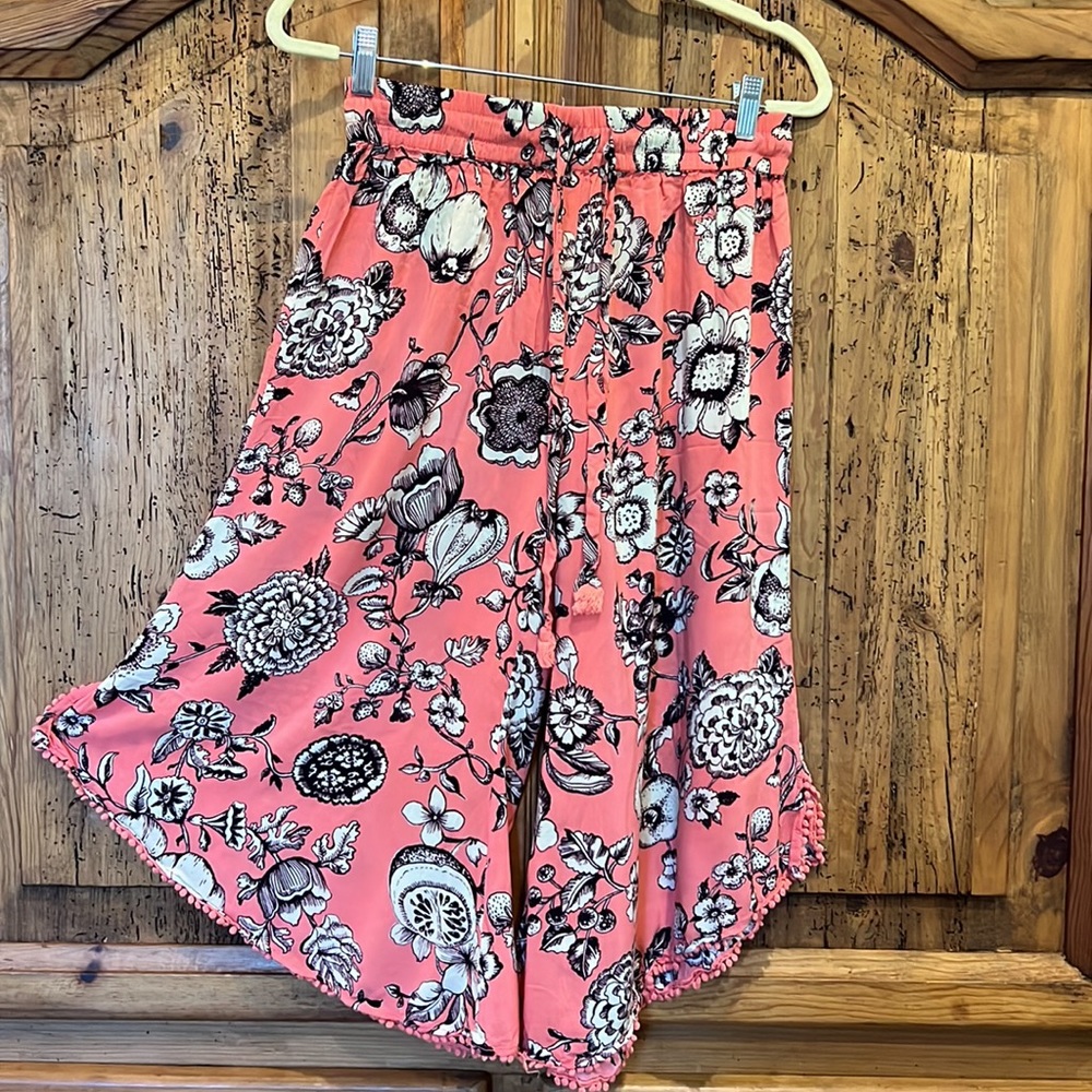 Anthropologie Pink Coral Floral Tie-Waist Wide Leg Pants - Picture 4 of 10